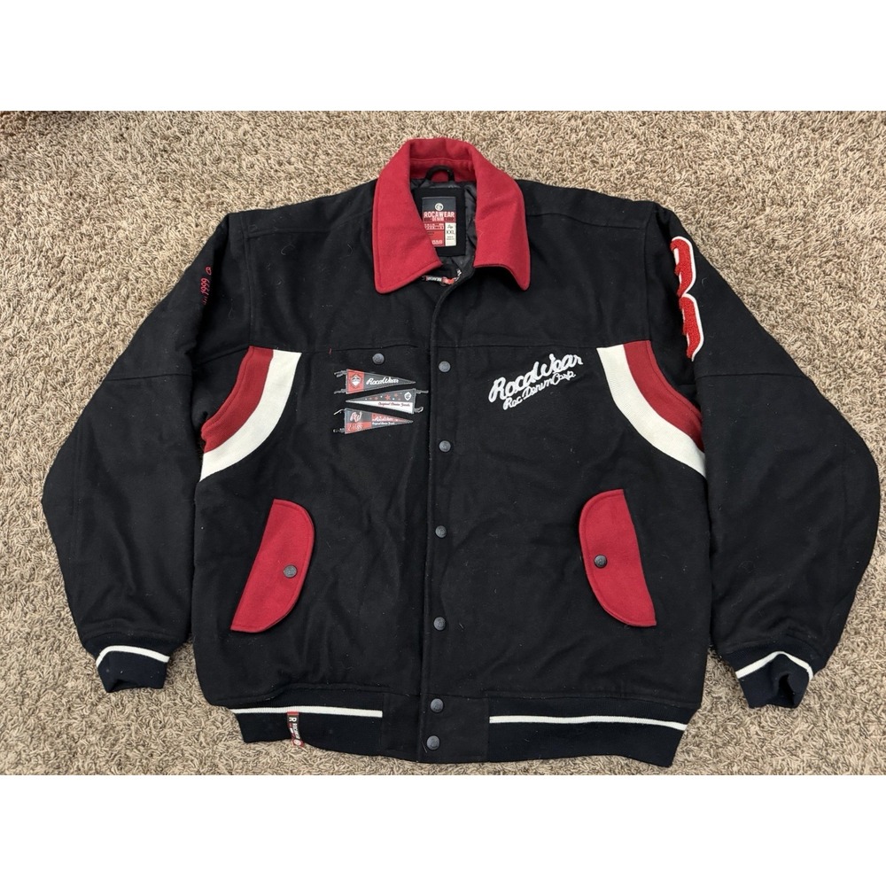 Vintage 1999 ROCAWEAR Button Up Embroidered Jacket Black Red Men's Size 2XL